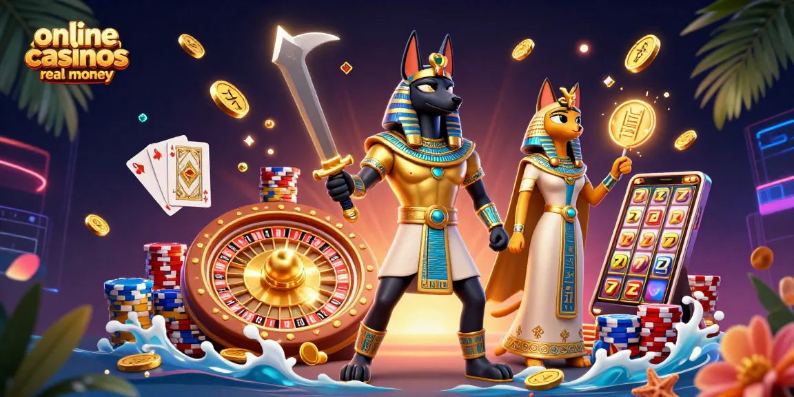 Experience the thrill of online casinos real money with Anubis and Bastet surrounded by stunning game elements.