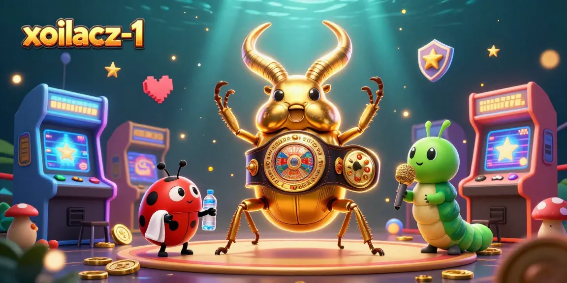Xoilacz-1 showcases vibrant arcade elements, with a golden stag beetle boxing champion amidst casino games.