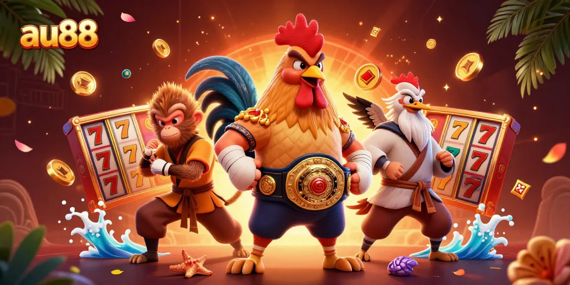 au88 showcases a dynamic casino scene with cartoon characters and vibrant slot game elements.