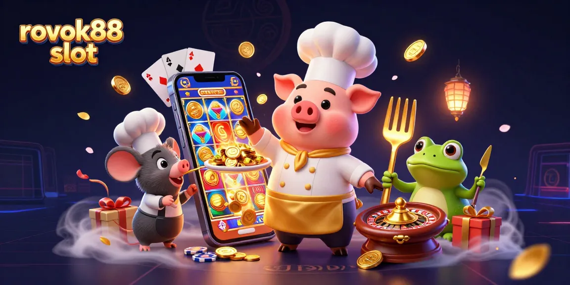 Experience thrill with rokok88 slot as a chef pig serves gold coins amidst vibrant gaming elements.