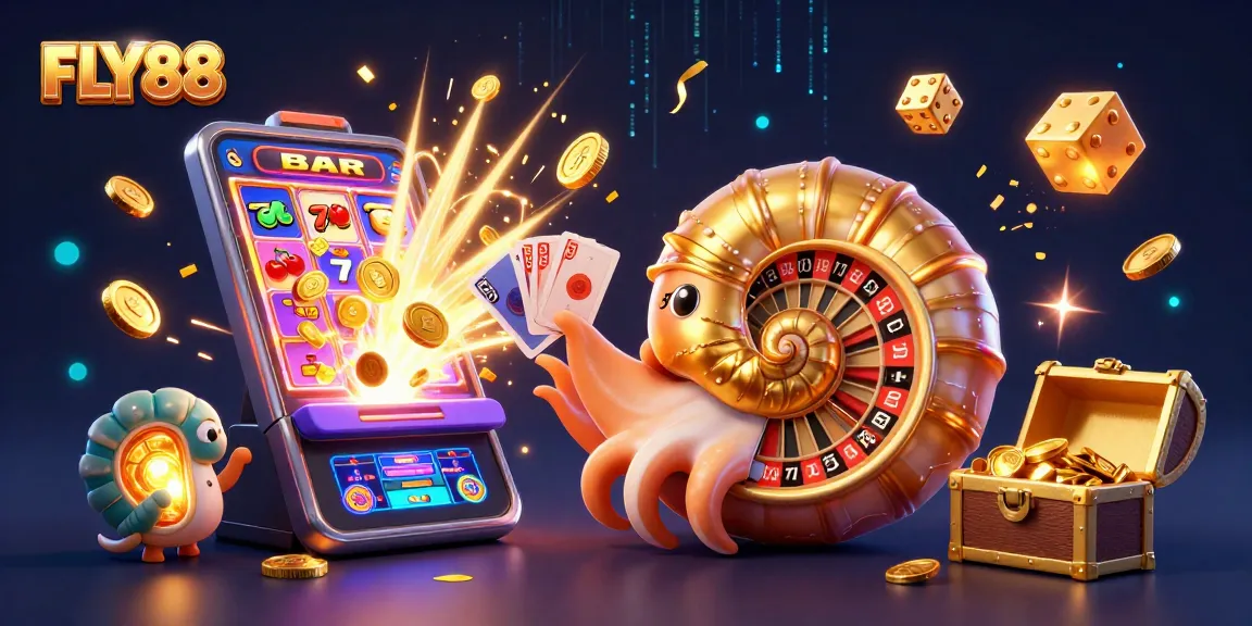Engage in thrilling casino action with FLY88 featuring a giant nautilus roulette wheel and vibrant game elements.