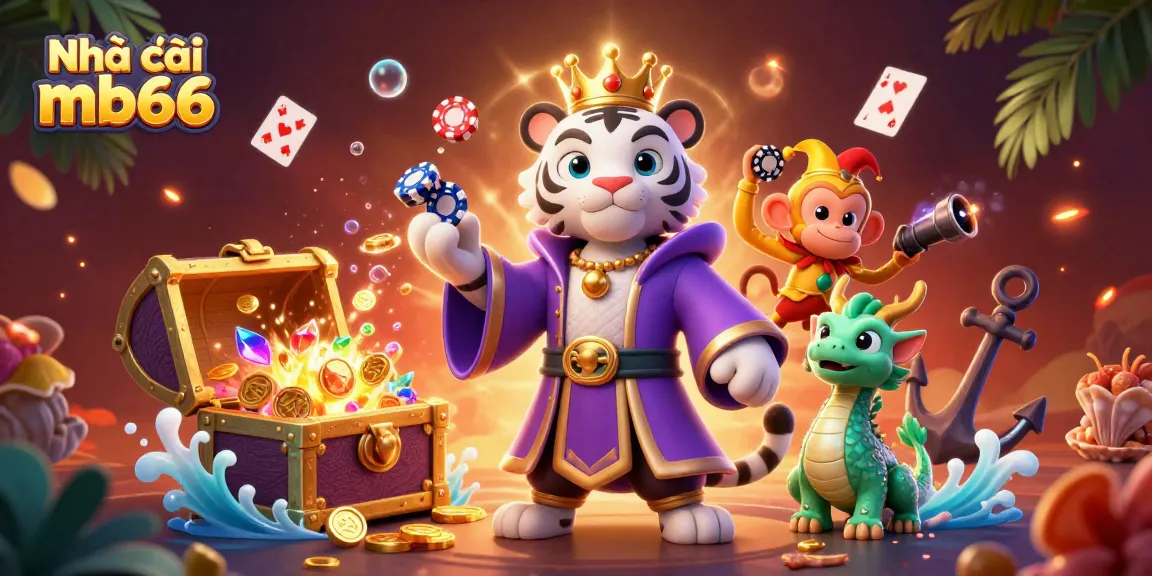Immerse in the vibrant world of Nhà cái mb66 with a playful scene featuring a white tiger, golden monkey, and jade dragon amidst casino riches.