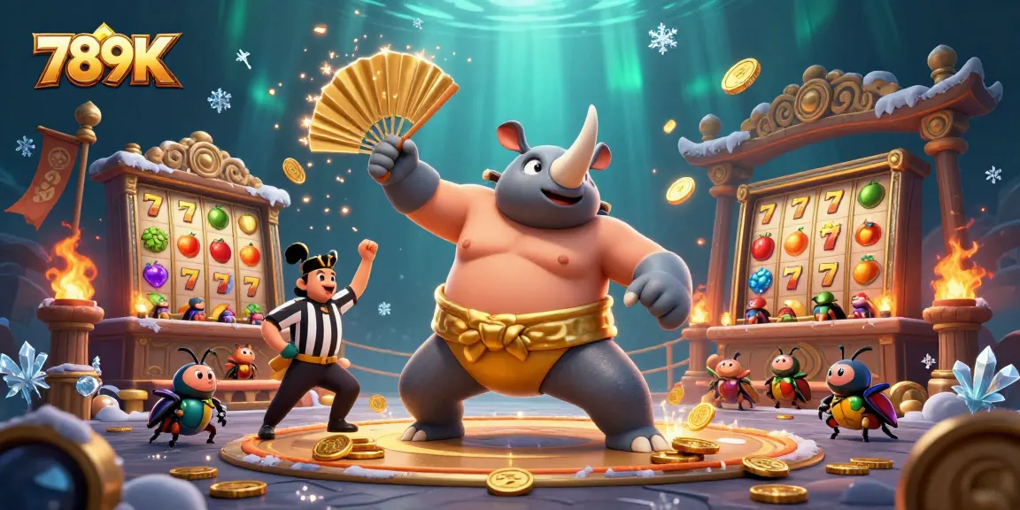 Engage in thrilling casino action with 789K's vibrant sumo beetle themed illustration featuring gold coins.