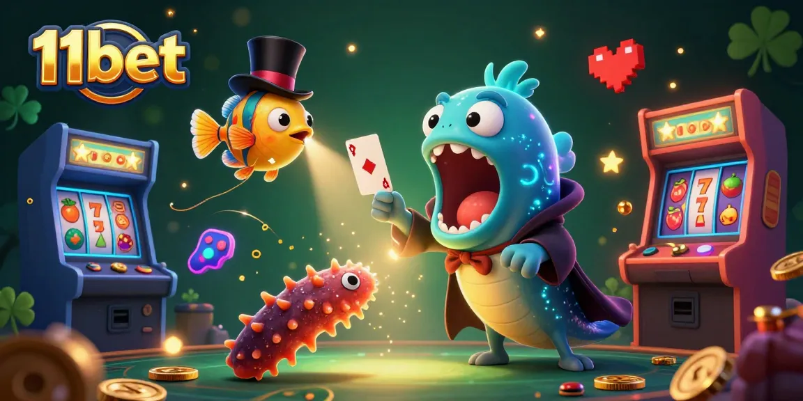 Experience the thrill of 11bet with a magical underwater casino scene featuring a deep-sea gulper eel performing card tricks.