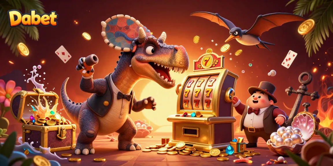 Dabet entices players with interactive slots in a vibrant casino scene featuring a pachycephalosaurus, showcasing excitement and winning.