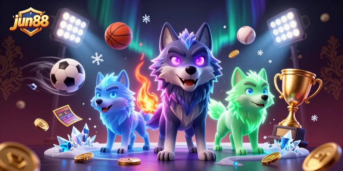 Engage in thrilling gameplay at jun88 with a spectral wolf leader surrounded by dynamic sports betting elements.