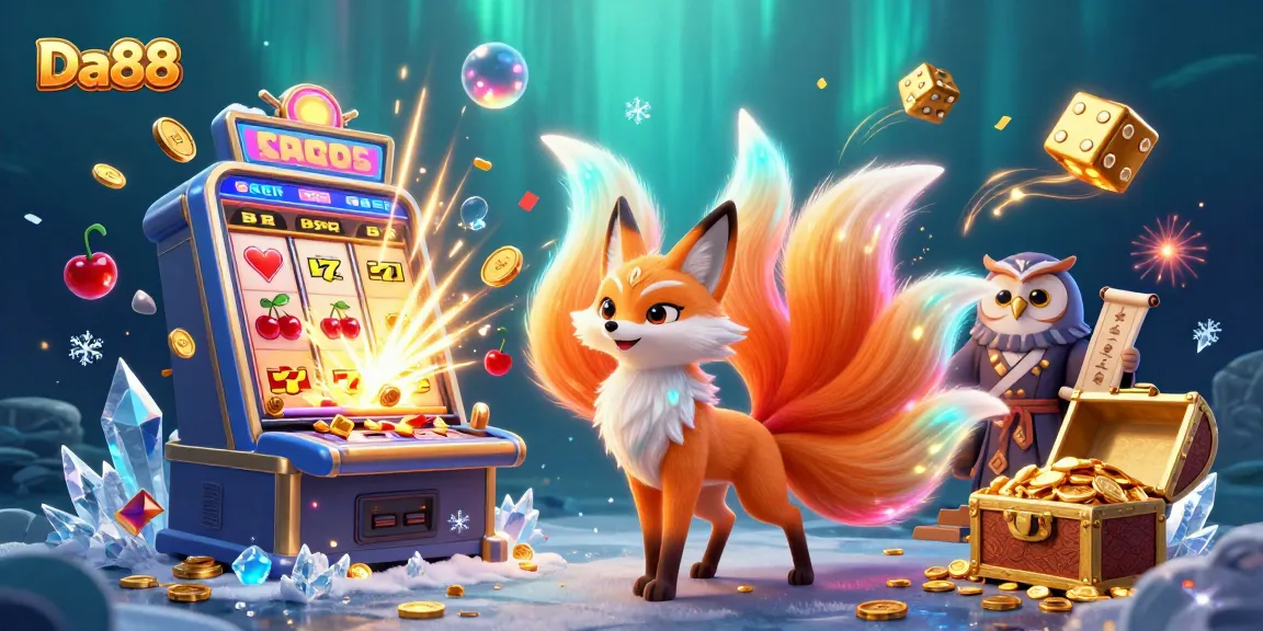 Experience thrilling jackpots at Da88 with a nine-tailed fox and wise owl in a vibrant casino scene.