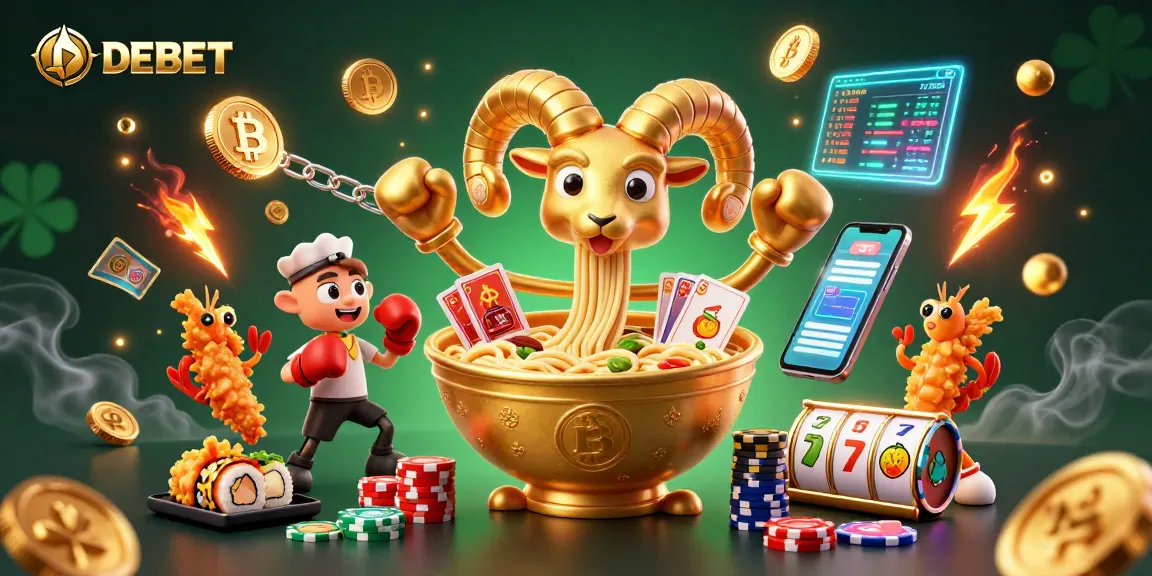 DEBET offers an immersive gaming experience with vibrant 3D characters and energetic casino elements.