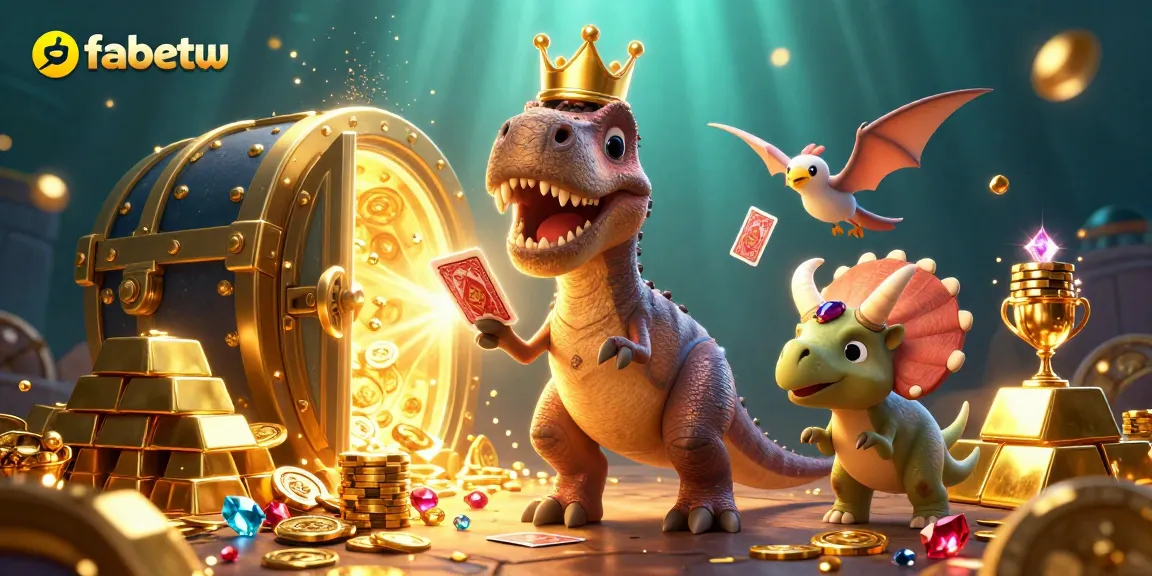 Engage with fabetw featuring a friendly T-Rex and pterodactyl at a colorful casino table overflowing with gold treasures.