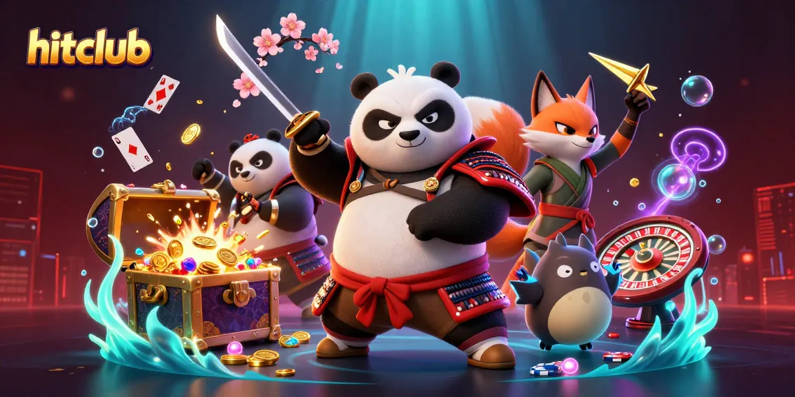 Hitclub's thrilling gaming scene features a cartoon samurai panda and ninja fox amid exciting casino elements.