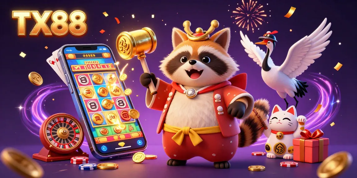 Experience the excitement of gaming with TX88's vibrant festival scene featuring fortune cats, a tanuki, and engaging slot action.