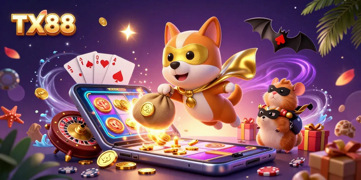 TX88 casino superhero dog delivering winnings, with gold coins and poker elements packed in a colorful scene.