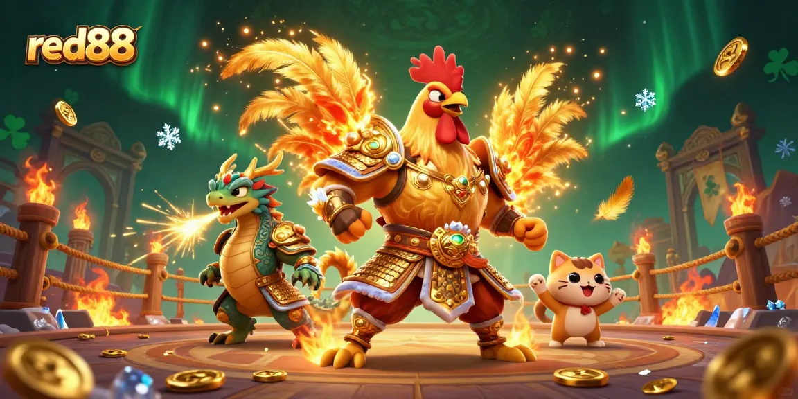 Engage in thrilling gameplay action at red88 with a vibrant 3D scene featuring a rooster warrior and dragon in an epic casino.