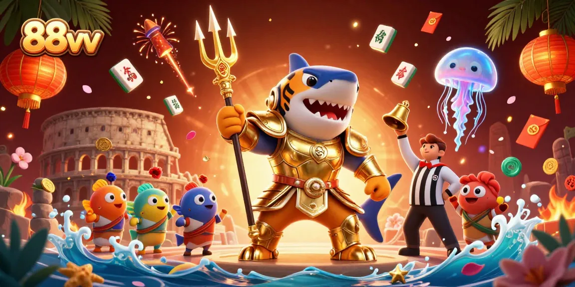 Experience the excitement of 88vv with a dynamic underwater casino illustration featuring engaging characters and vibrant game elements.