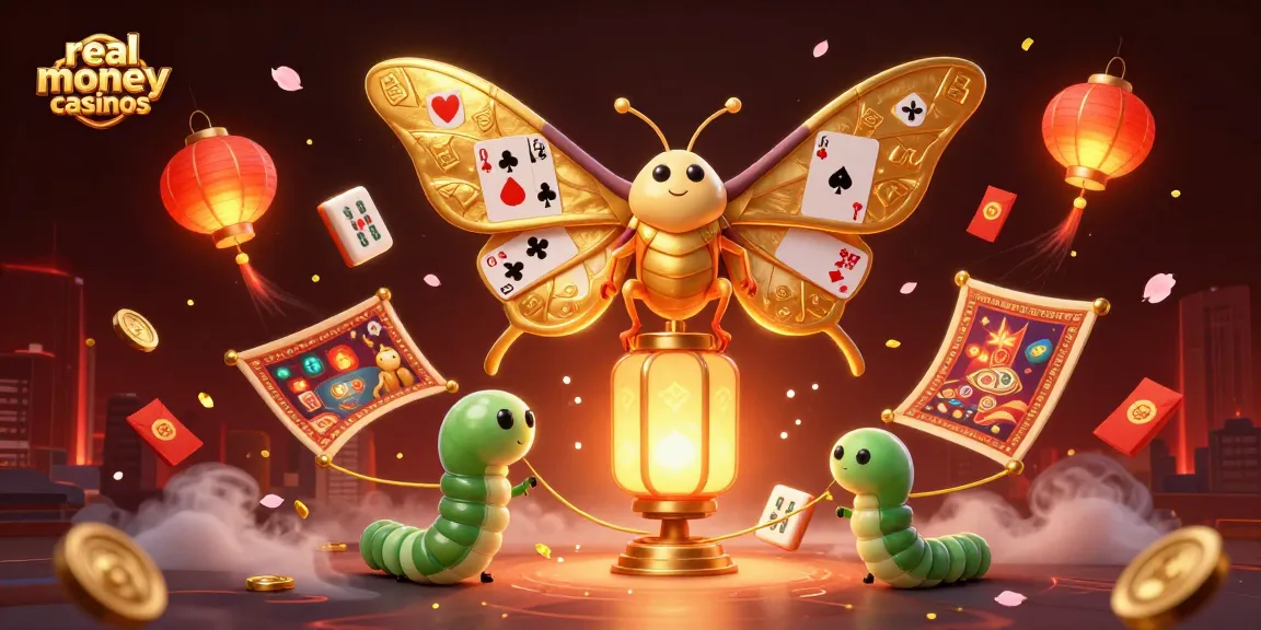 Experience thrill-filled real money casinos showcasing vibrant casino elements and majestic moths.