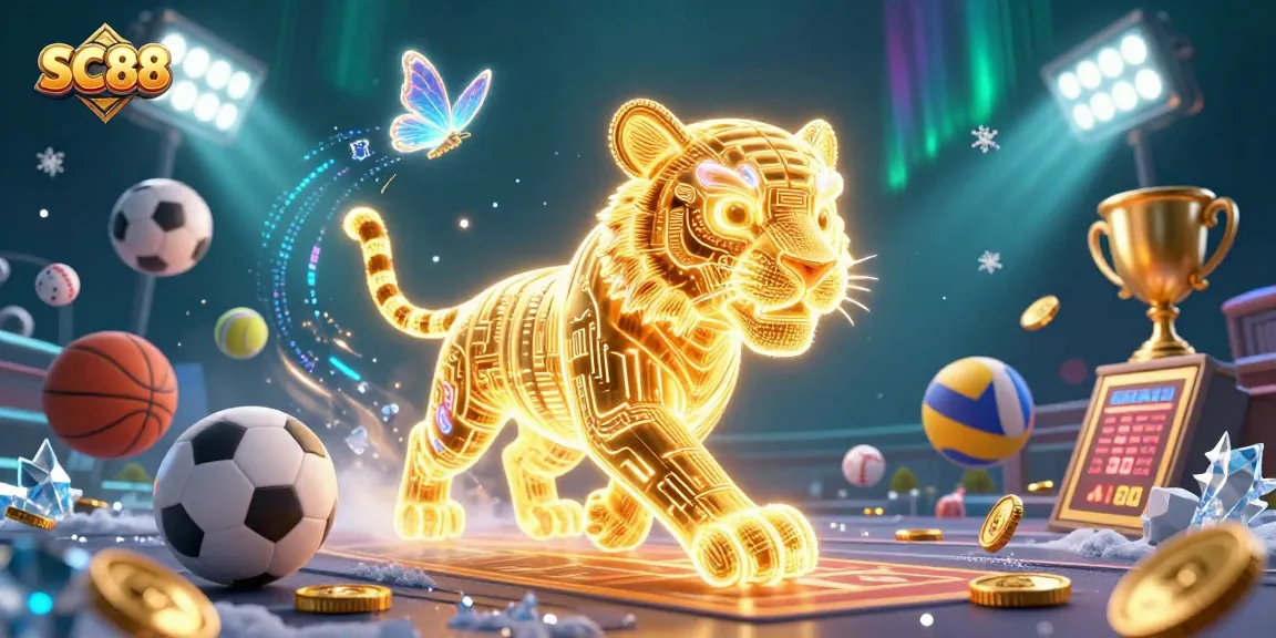 SC88 illuminates a vibrant 3D casino scene with a golden tiger and sports betting elements.
