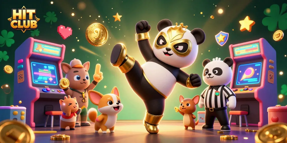 Join HIT CLUB for thrilling gaming excitement, featuring a panda wrestler and vibrant casino elements.