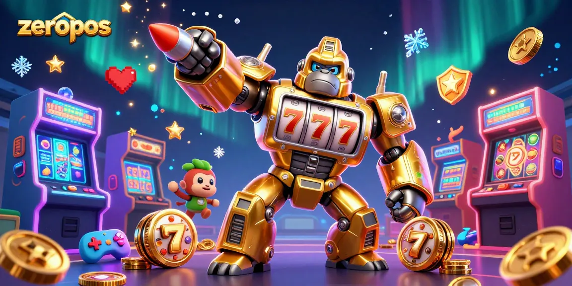 zeropos showcases a dynamic scene with golden gorilla mech and arcade elements for thrilling gameplay.