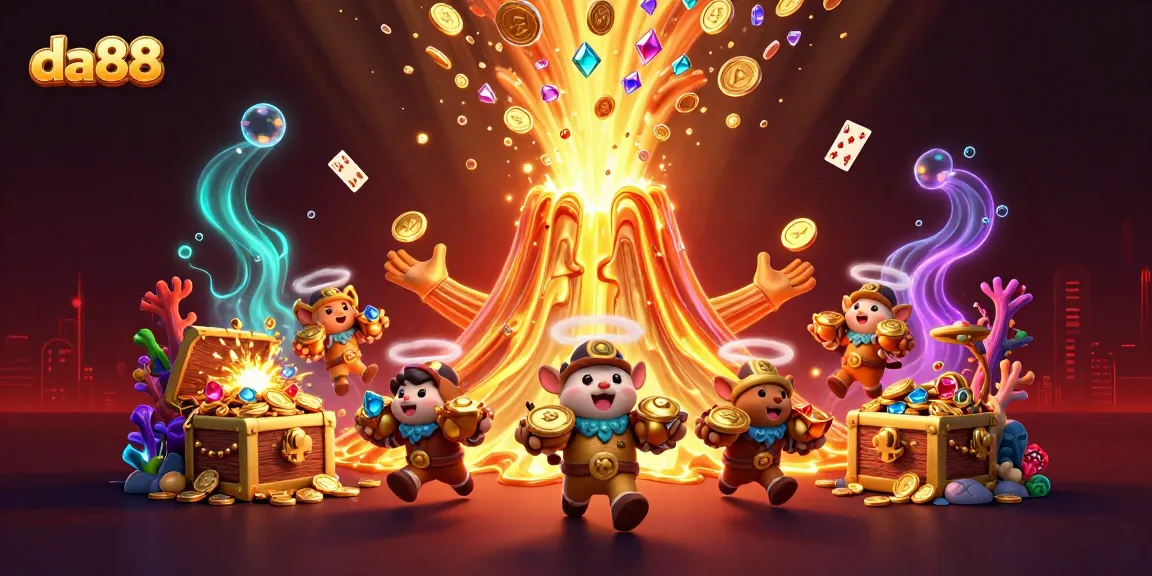 Experience the thrill of da88 with a triumphant volcano spilling treasures in this dynamic casino scene.