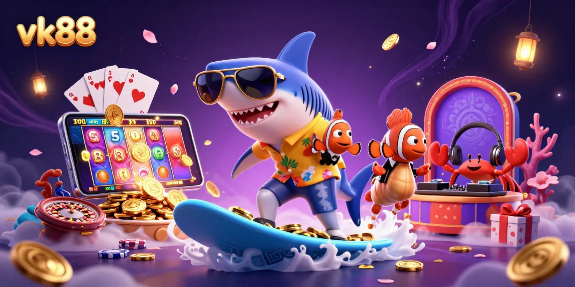 Experience exciting gaming with vk88, featuring a shark and clownfish surfing through gold coins and slots.