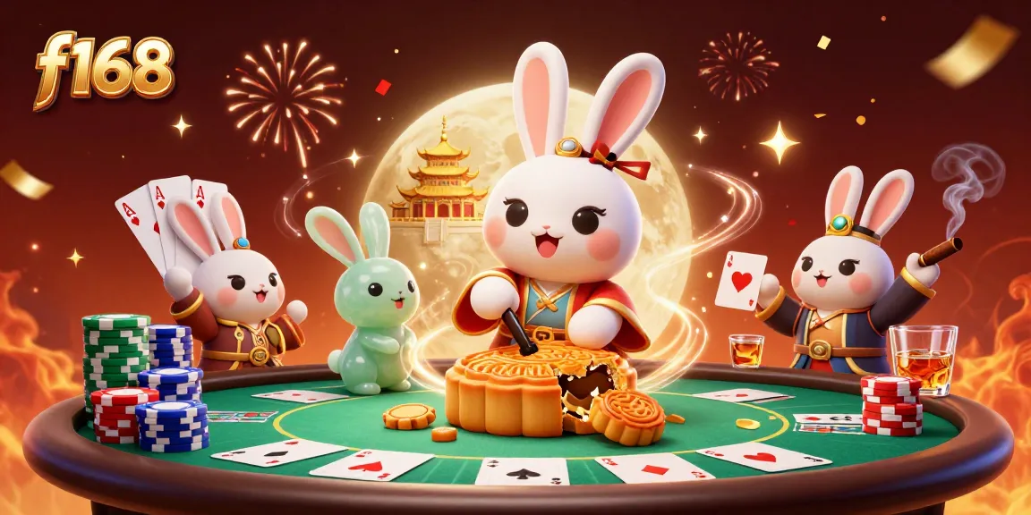 Experience thrilling casino action with f168's vibrant digital illustration featuring a moon rabbit and poker chips.