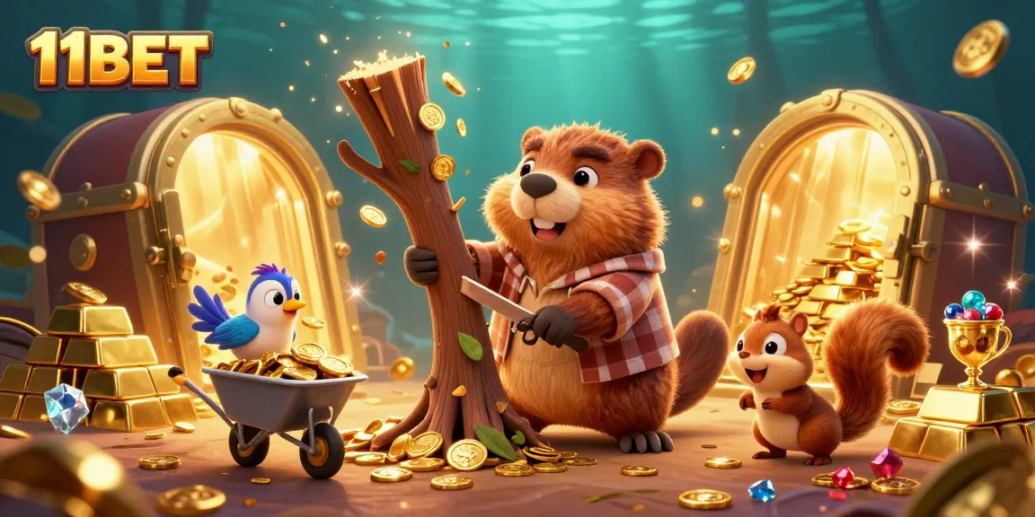 Play and win with 11BET as the beaver chops trees raining coins in this fun casino scene.