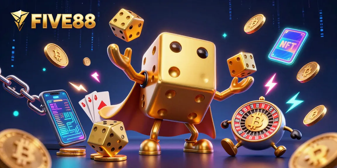 Engage with FIVE88's vibrant online gaming scene featuring a dynamic dice golem and crypto coins.