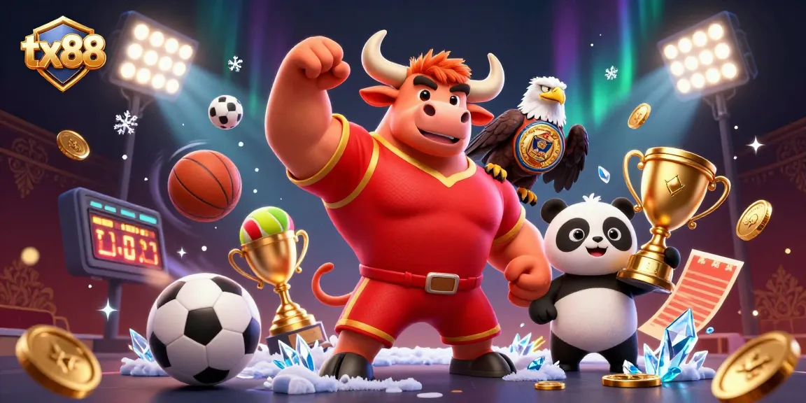 Engage with tx88's vibrant gaming scene featuring a winning bull mascot, eagle, and panda!
