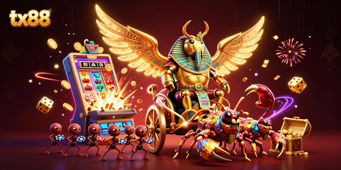 tx88 gaming action with a golden scarab beetle, scorpions, and lively slot machine