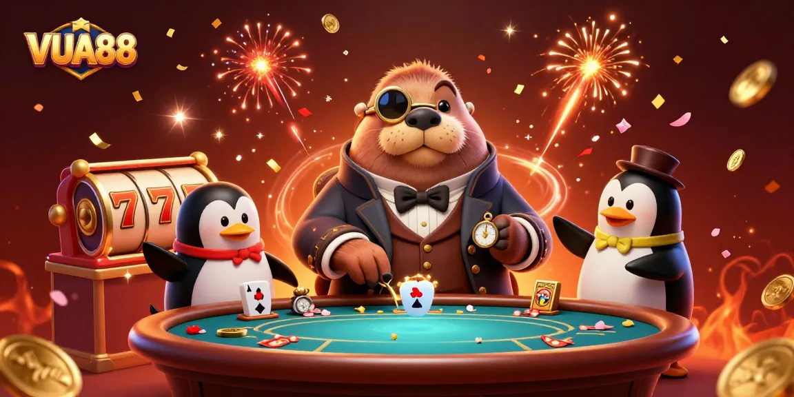 Experience VUA88 with a dynamic underwater poker scene featuring a walrus in Victorian attire.