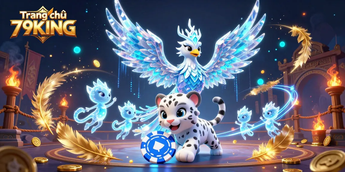 Engaging 3D digital art of Trang chủ 79KING’s icy casino scene featuring a phoenix and playful sprites.