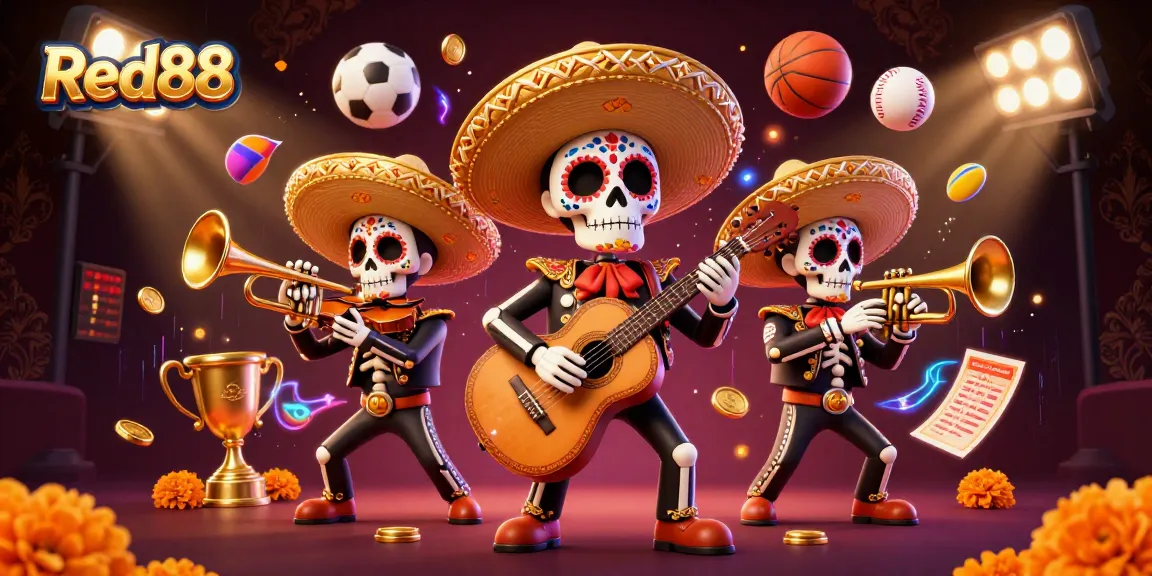 Engage in vibrant casino excitement with Red88 as you witness a lively mariachi band surrounded by dynamic gaming elements.