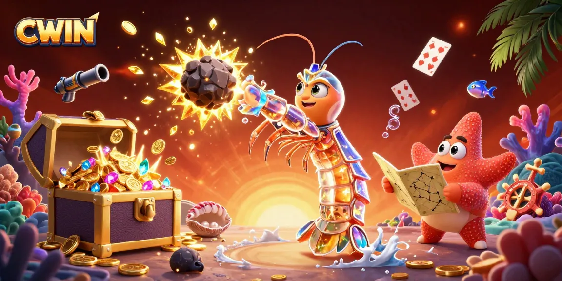 CWIN showcases a 3D galactic samurai mantis shrimp battling asteroids, exploding into dazzling gems and coins, embodying a vibrant online casino experience.