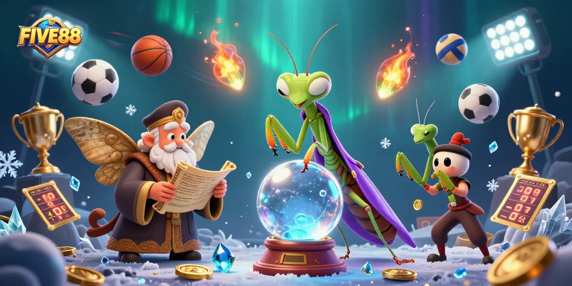 Engage with FIVE88's thrilling scene featuring a praying mantis fortune teller, vibrant sports elements, and mystical atmosphere.
