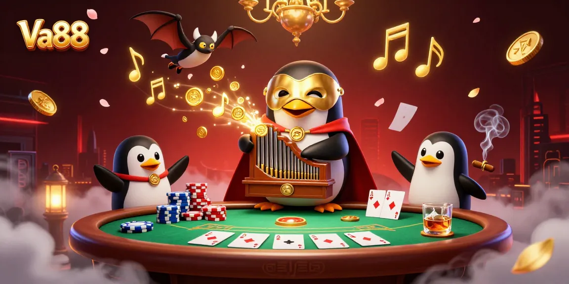 Experience the excitement of Va88 as the penguin plays organ, unleashing golden coins amidst a dazzling casino scene.