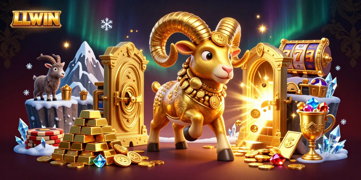 LLWIN features a dynamic scene with a golden ram and abundant casino treasures illustrating exciting gaming moments.