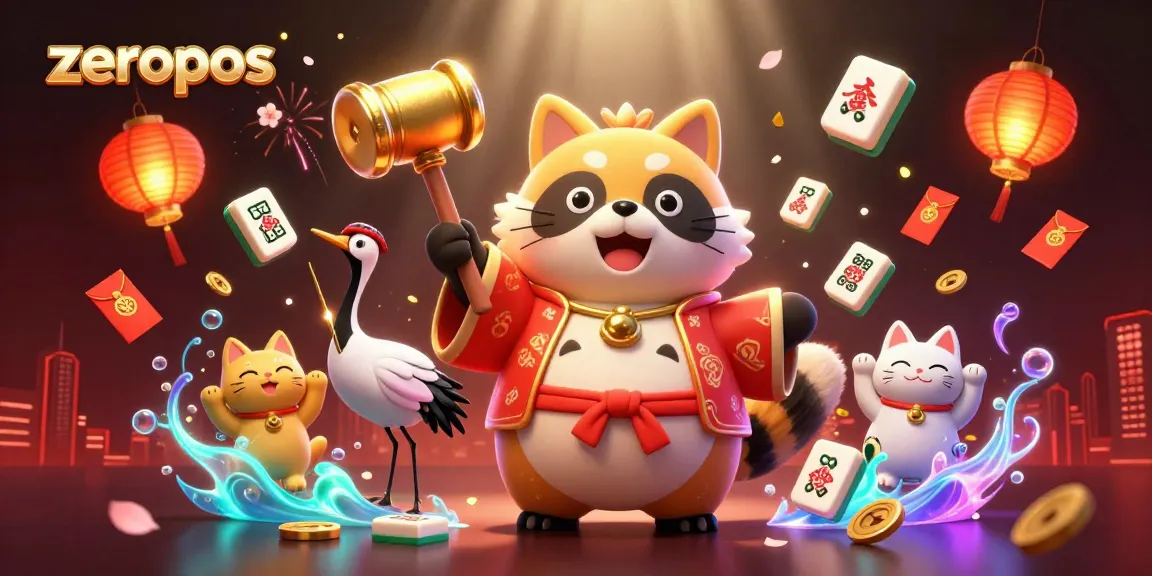 Engage with zeropos as tanuki celebrates fortune amidst colorful casino elements, creating a lively atmosphere.