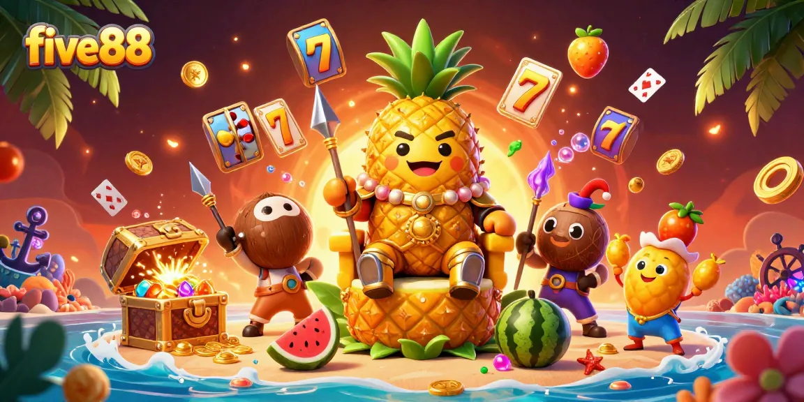 Players engage in thrilling action at five88 with a dazzling beach casino featuring a golden pineapple king.