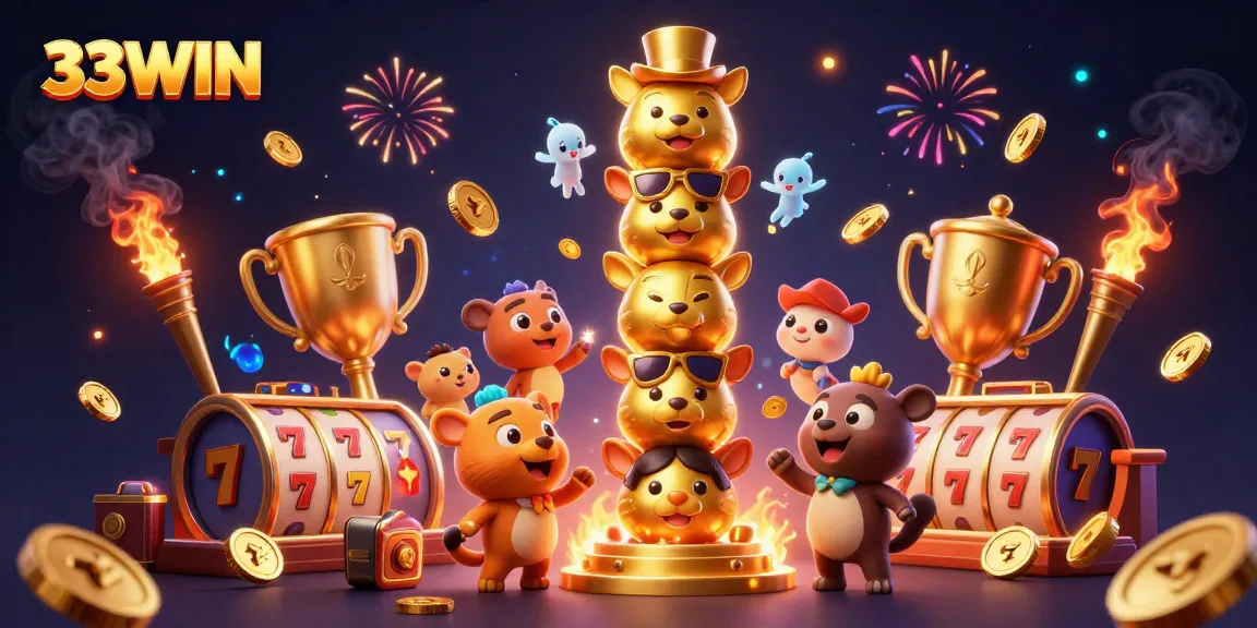 Play renowned games at 33WIN casino, featuring an exciting 3D golden totem and slot symbols.