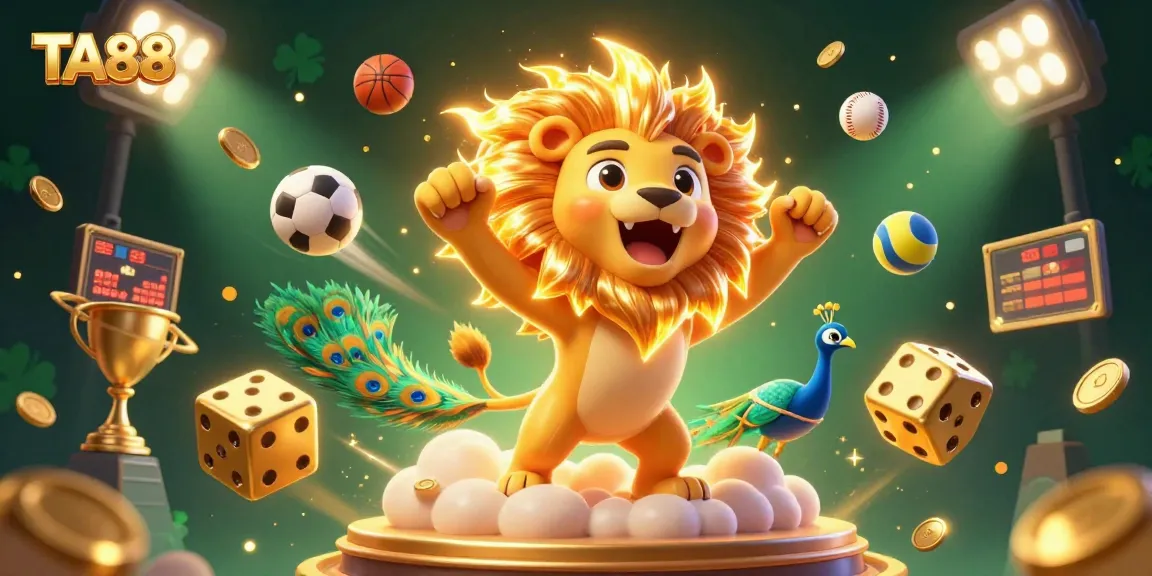 TA88 brings excitement as a majestic lion roars amidst sports elements in a vibrant 3D casino scene.