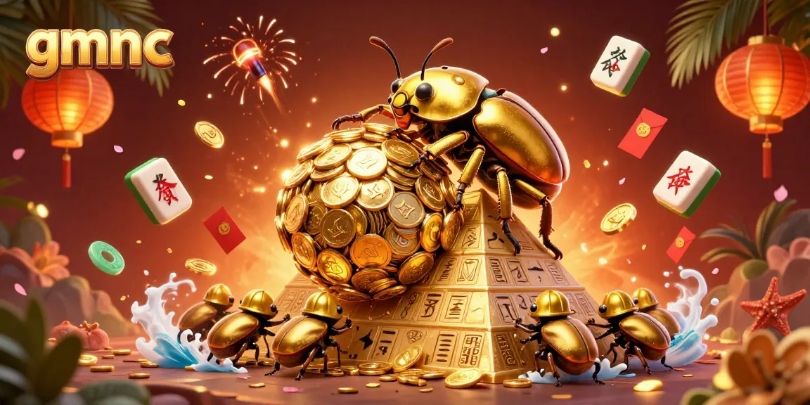 Engage in the wonders of gmnc with a golden dung beetle rolling coins at a vibrant casino-themed pyramid.