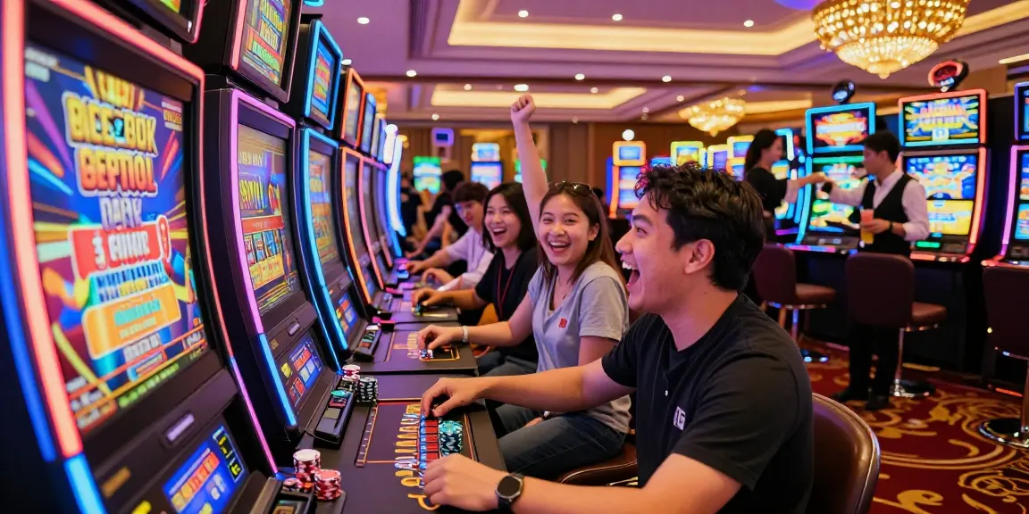 Excited player at a vibrant slot machine celebrating a win with friends in a lively casino environment focused on slot gacor.
