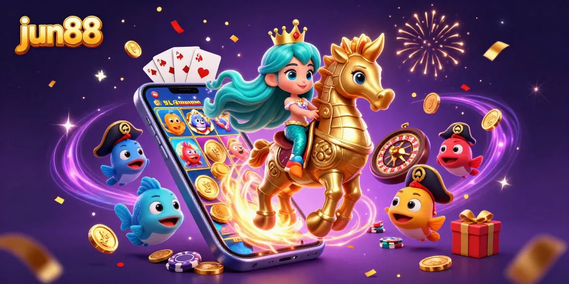 Experience the excitement of jun88 with colorful slot games and stunning 3D characters in an animated scene.